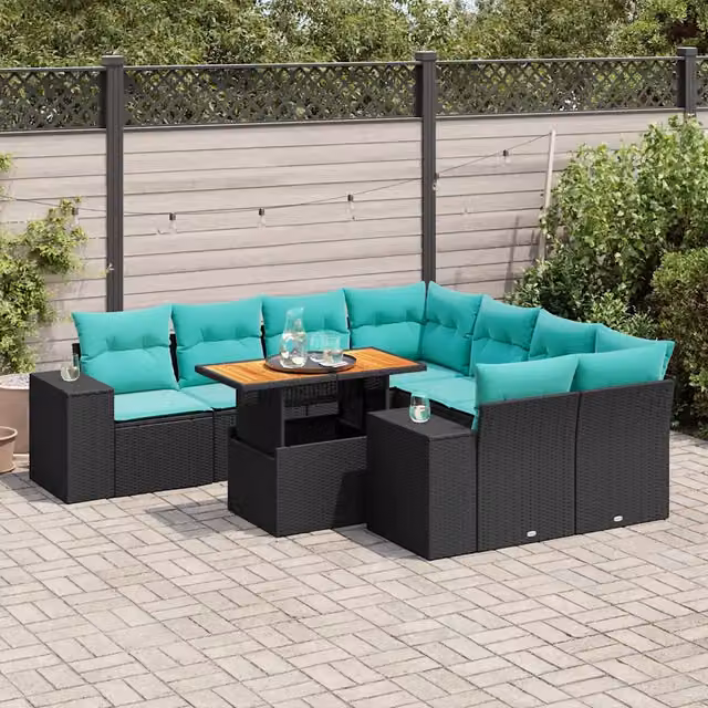 Set Divani da Giardino 9 pz con Cuscini Nero in Polyrattan 3327354