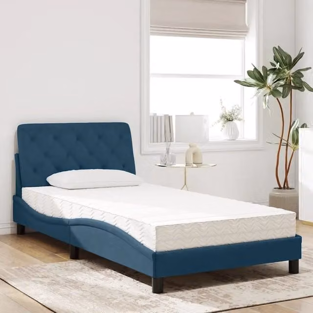 Letto moderno vidaXL in velluto blu e bianco con materasso in schiuma, L/P/H: 100 x 200 cm