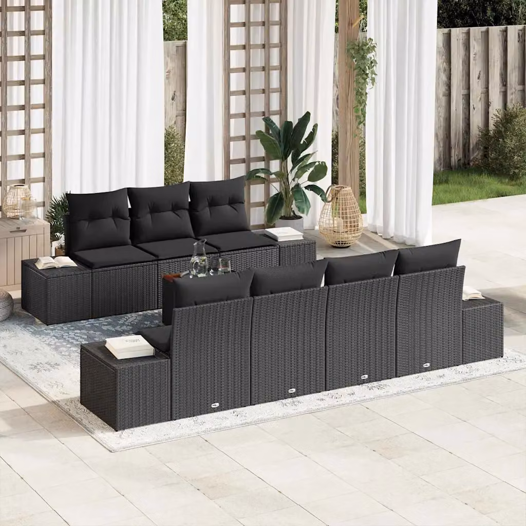Set Divano da Giardino vidaXL 8 Pezzi in Polyrattan Nero con Cuscini e Tavolino da Esterno – 1