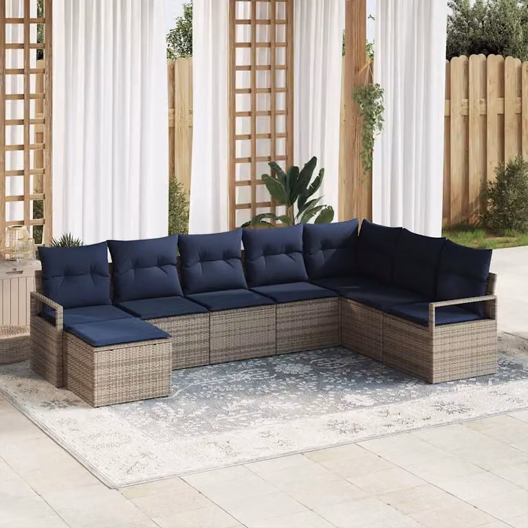 Set di divani da giardino vidaXL a forma di U composto da 8 pezzi in rattan con struttura in metallo e cuscini inclusi, colore grigio e blu