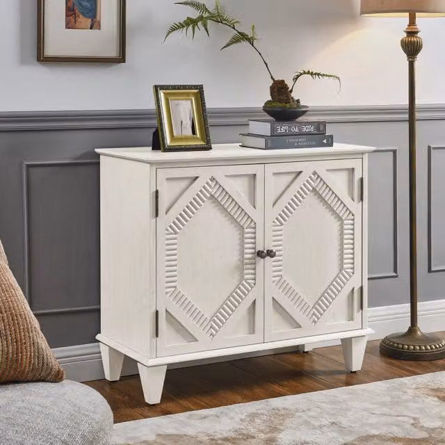 Credenza e madia con 2 ante e ripiano regolabile stile retrò per soggiorno cucina ingresso in MDF e legno bianco antico