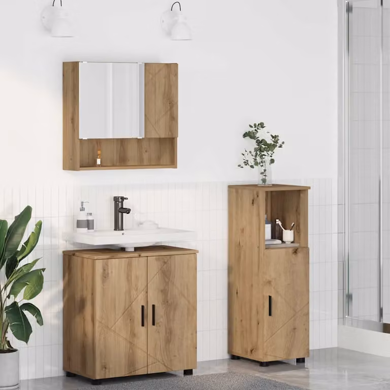 Set di mobili per il bagno moderno vidaXL in 3 pezzi color rovere con mobile lavabo, pensile specchio e colonna alta