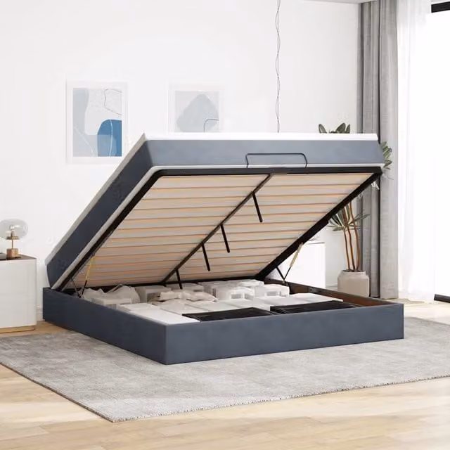 Letto con contenitore a sollevamento vidaXL in velluto grigio e bianco con materasso L 180 x P 200 x H 280 cm