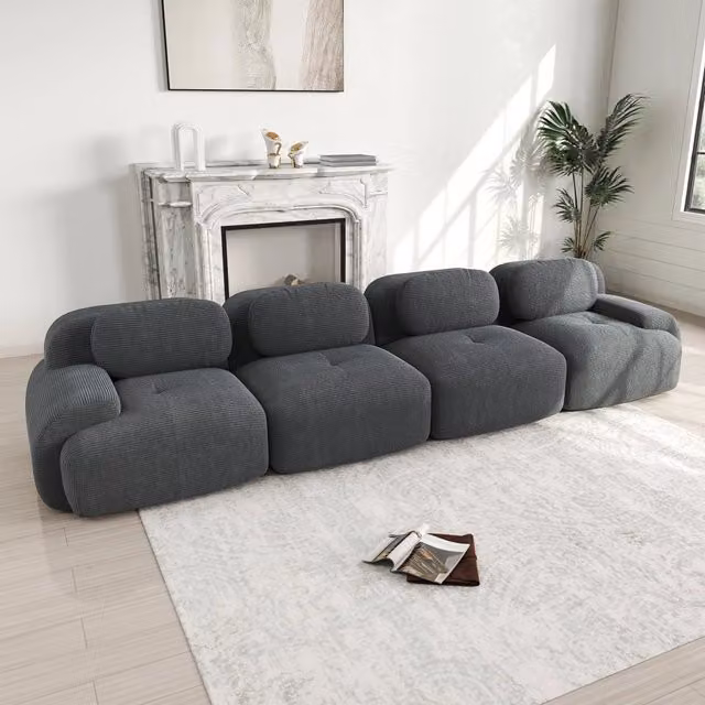 Divano 4 posti in velluto a coste grigio 388x103x70 cm, divano modulare grigio senza struttura, imbottitura 32D
