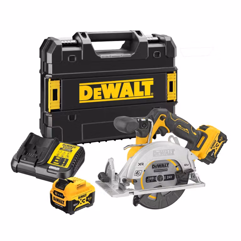 DeWALT DCS512P2-QW - Sega circolare a batteria, 12V, lama da 140mm, 2 batterie da 5,0Ah, caricabatterie