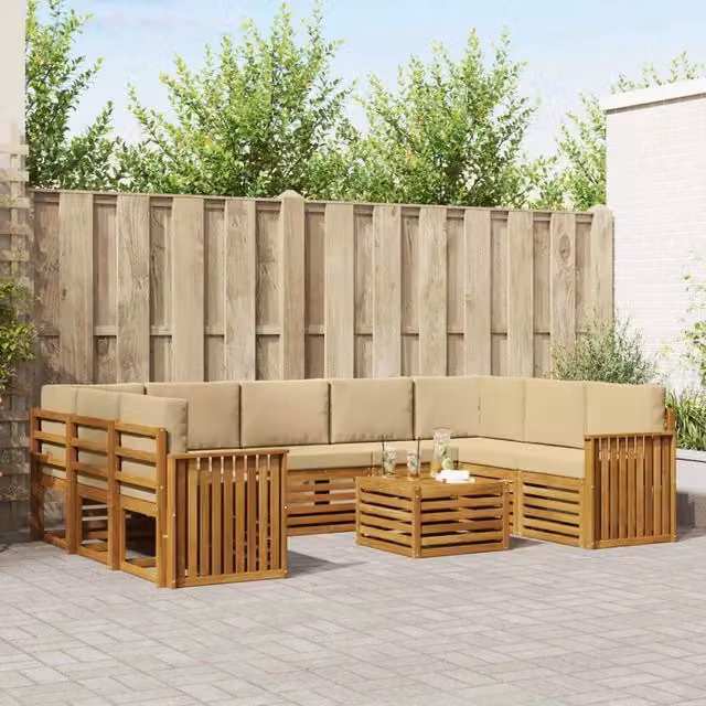 Set di divani da esterno a forma di U vidaXL in legno di acacia con cuscini, Beige e Marrone – 1