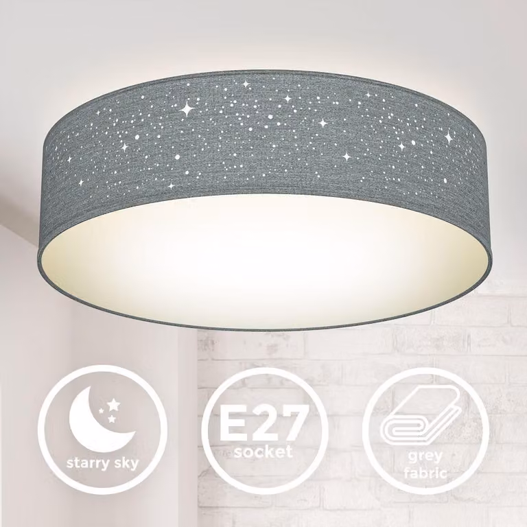 B.K.Licht Plafoniera in tessuto grigio con effetto a stelline, attacco per 2 lampadine E27 non incluse, Lampada da soffitto rotonda diametro 38cm, Lampadario moderno per salotto o camera da letto IP20
