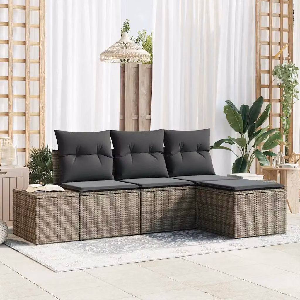 Set Divano da Giardino a L vidaXL in Polyrattan Grigio con Cuscini e Ottoman – 1
