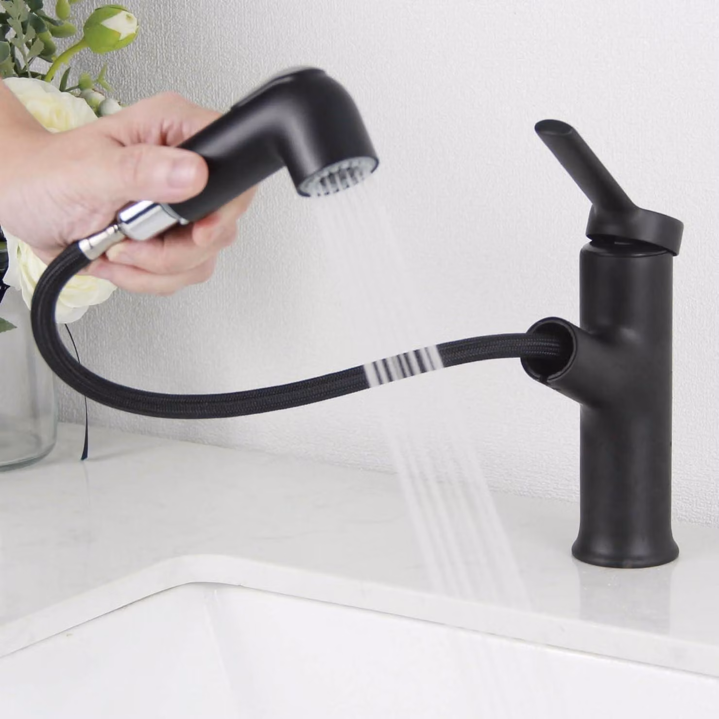 Miscelatore monocomando per lavabo da bagno, colore nero, con doccetta, 2 tipi di getto d'acqua