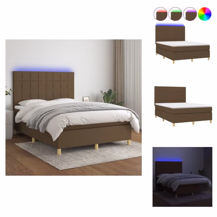 vidaXL Letto a molle con materasso e LED in tessuto marrone scuro 140x200 cm - Letti e strutture letto