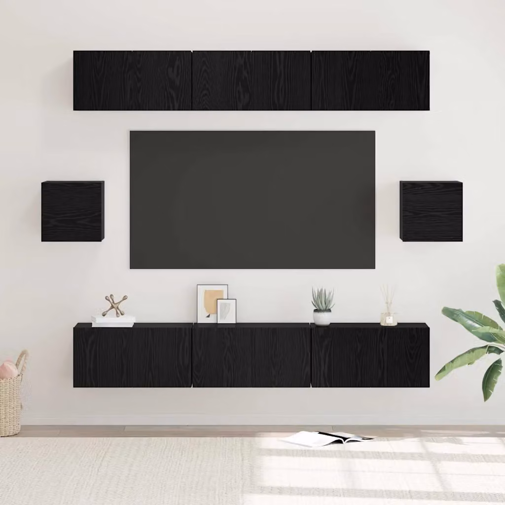 Set mobile TV moderno vidaXL in 8 pezzi color rovere e nero in legno ingegnerizzato MDF
