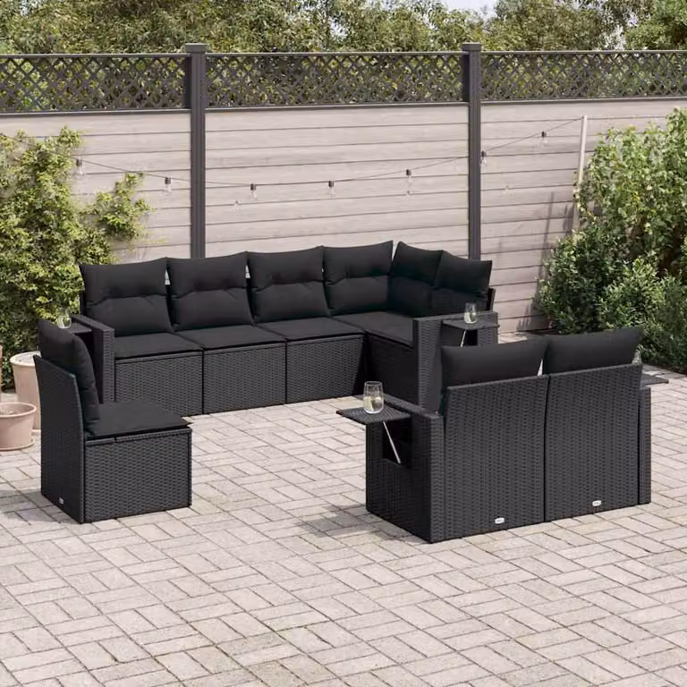 vidaXL Set Divani da Giardino a L con Cuscini 8 pz Nero in Polyrattan e Acciaio