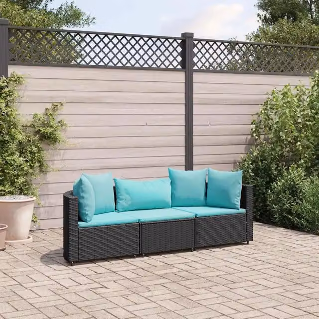 Set di Divani da Giardino a L vidaXL in Polyrattan Nero con Cuscini Blu e Struttura in Acciaio – 1