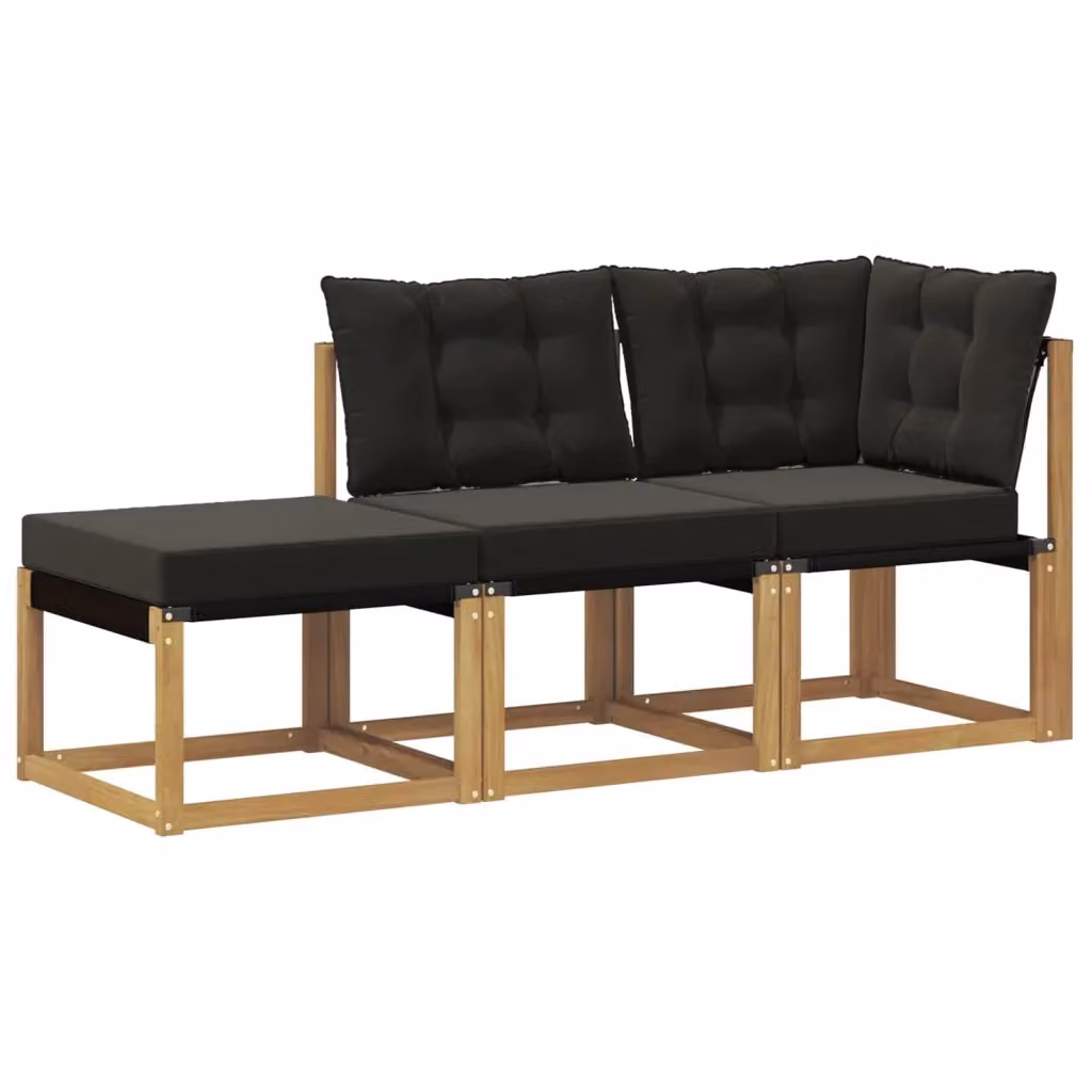 Set di divano componibile da esterno vidaXL a forma di L con pouf, struttura in legno di acacia e cuscini in tessuto bianco e nero – 2
