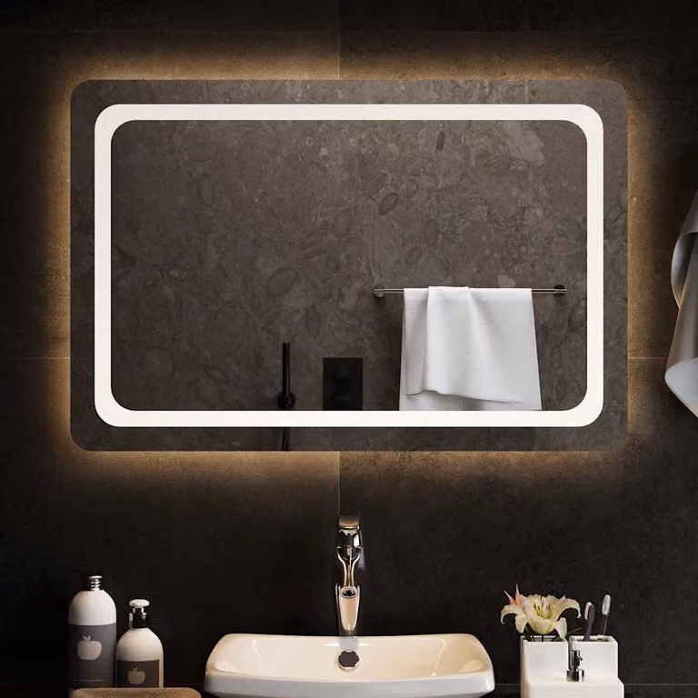 Specchio da bagno moderno vidaXL con luci LED, rettangolare, bianco, L: 90 cm, H: 60 cm
