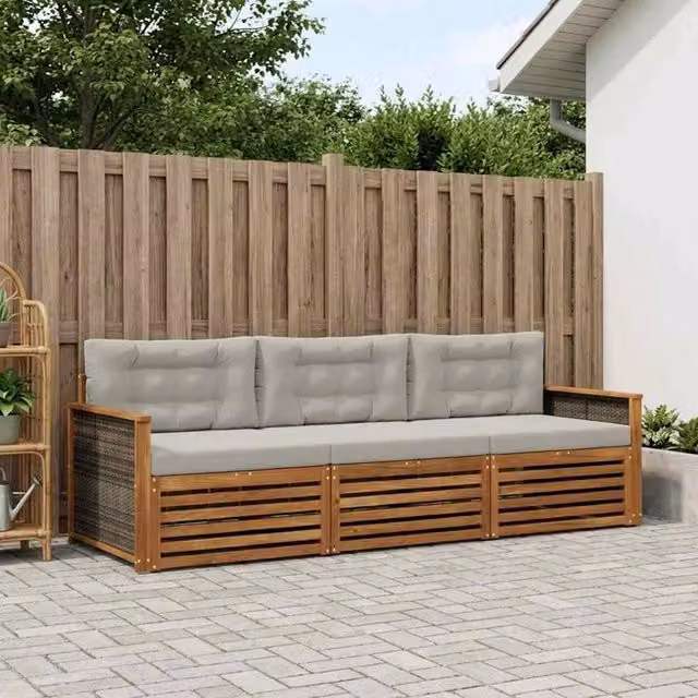 Set di divani da esterno 3 pezzi vidaXL in legno di acacia con cuscini beige e grigio – 1