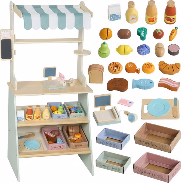 AIYAPLAY Banco Supermercato per Bambini con Cassa e 34 Accessori in Legno MDF, Verde