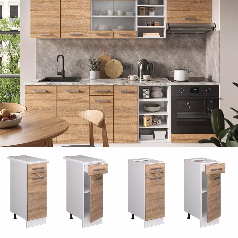Mobiletto base per cucina Vicco R-Line Sonoma e Bianco con piano effetto marmo, L: 30 cm, P: 60 cm, H: 81,6 cm – 2