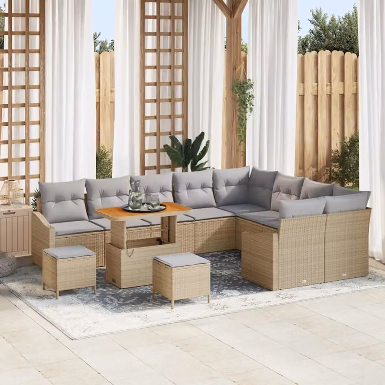 Set Divano da Giardino vidaXL 12 Pezzi a Forma di L con Cuscini Beige e Tavolino in Legno di Acacia