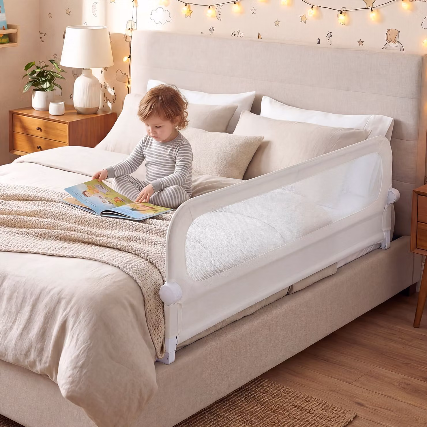 Sbarra letto pieghevole per bambini Costway con base a U e protezione regolabile da 178 cm, Bianco