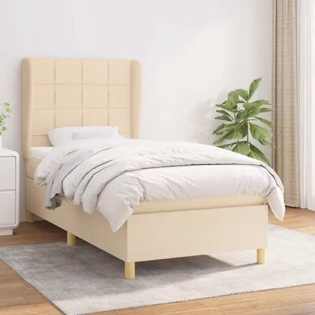 Letto Ibrido vidaXL con Giroletto a Molle e Materasso in Tessuto Beige e Bianco L/P/H: 90 x 190 x 128 cm