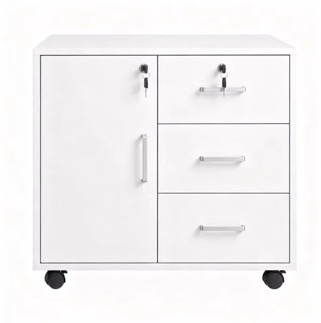 Mobile armadio per ufficio con 3 cassetti chiudibili, ripiano regolabile e ruote bianche 60x40x56 cm