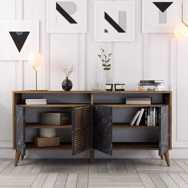 Madia Thuile DMORA, Credenza moderna con 2 ripiani, L/P/H: 160 x 35 x 78 cm, Nero Marmo