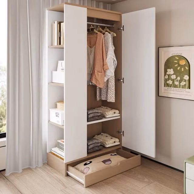 Armadio a un'anta con ripiani e cassetti, per camera da letto e ufficio, in legno bianco naturale, 70 × 40 × 170 cm
