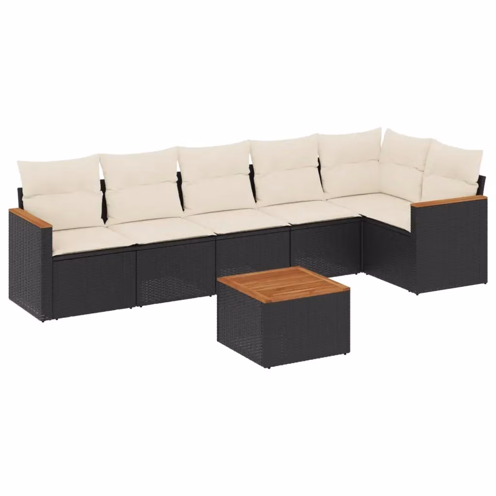 Set di Divani da Giardino a L con Cuscini vidaXL, 7 Pezzi, Nero e Bianco con Tavolino e Struttura in Metallo e Polyrattan – 2