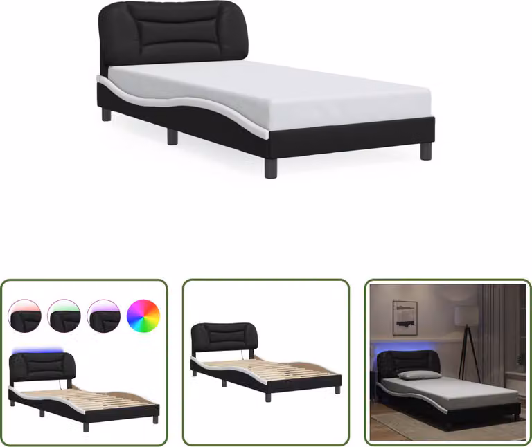 The Living Store Struttura letto con LED bianco e nero 100x200 cm in ecopelle