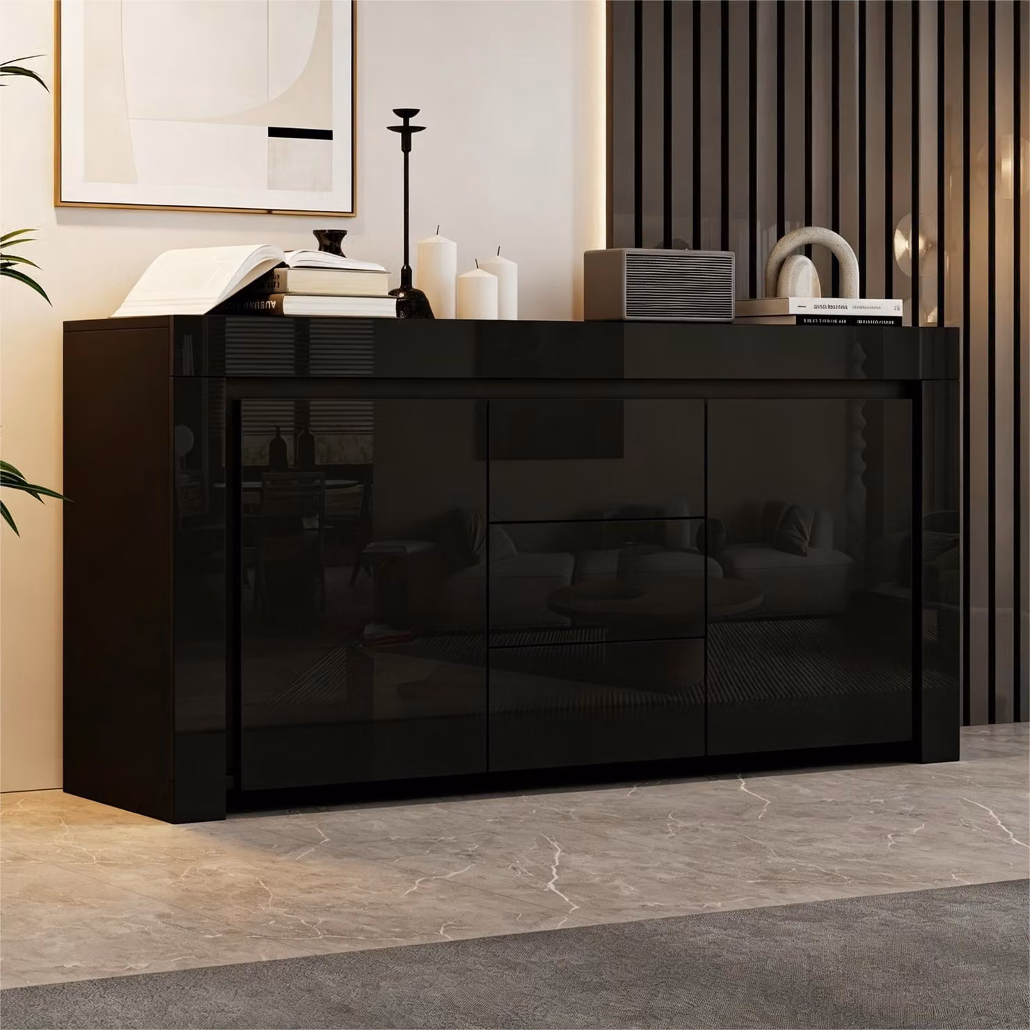 Comodino nero, 3 cassetti + 2 ante, con illuminazione LED, finitura lucida, mobile contenitore
