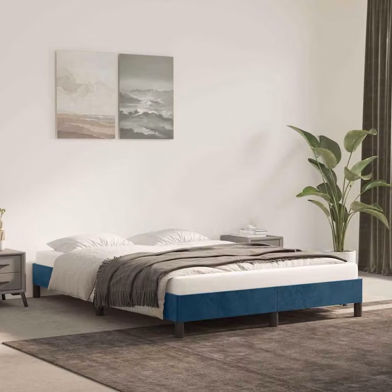 vidaXL Giroletto in Velluto Blu Scuro con Listelli in Legno L/P/H: 140 x 190 x 143 cm