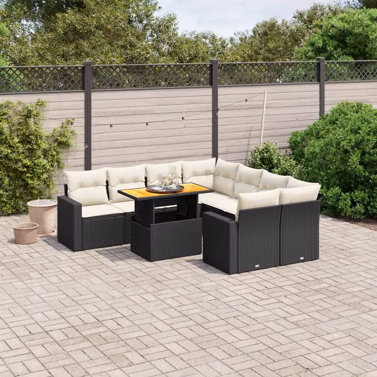 Set di divani da giardino vidaXL in polyrattan nero con cuscini, tavolino e sedute a L per esterno