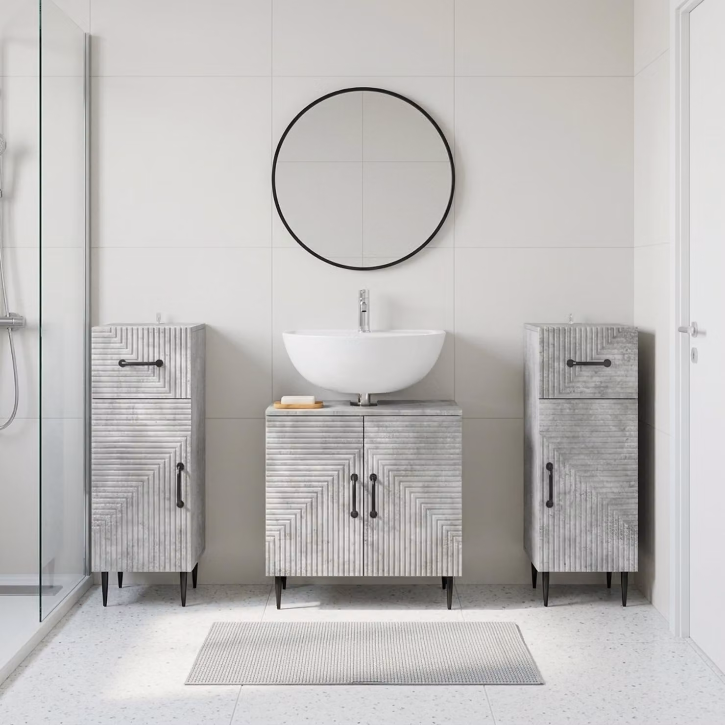 Set di mobili da bagno vidaXL HAARLEM in 3 pezzi, colore Grigio, design minimalista con ante a cerniera e ripiani interni
