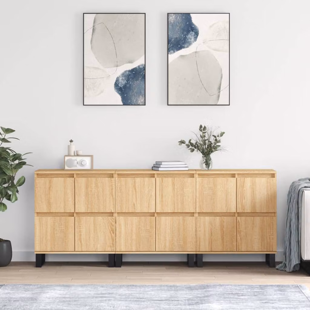 Set di 3 credenze vidaXL in legno multistrato e metallo, colore rovere sonoma beige e marrone, stile classico