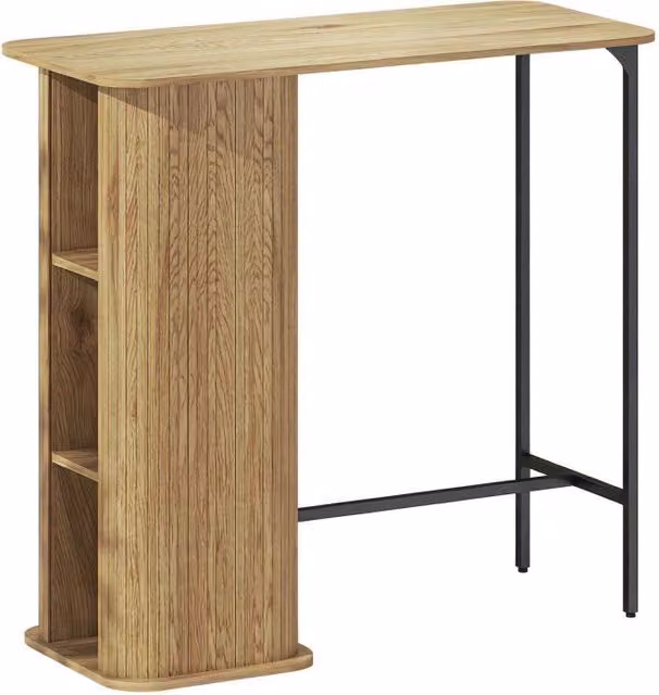 Tavolo bar in legno naturale con 3 scaffali aperti, ripiano 112x50 cm, gambe regolabili in metallo