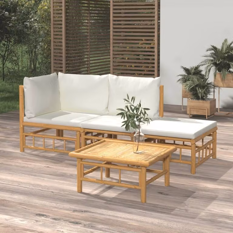 The Living Store Set da giardino 4 pezzi con cuscini in bambù bianco crema