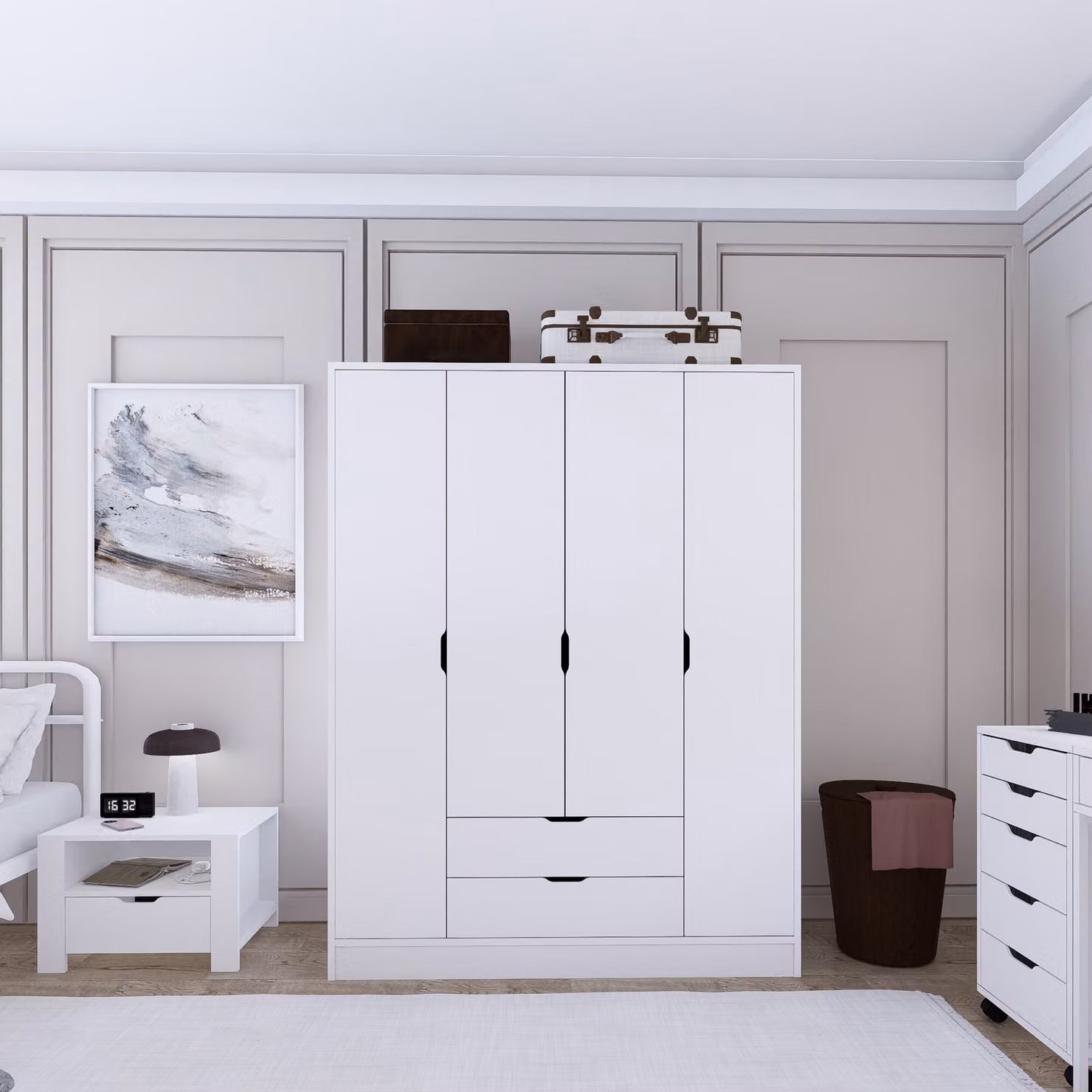 Skye Decor, Duru 4 Door 1600-017, bianco opaco, armadio, 140 x 182 x 45 cm, 100 % PANNELLI DI PARTICELLE RIVESTITI IN MELAMMINA