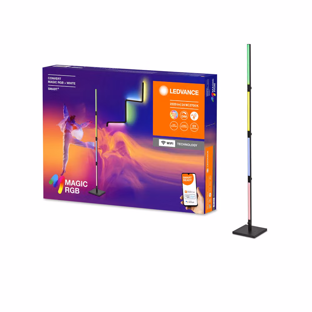LEDVANCE SMART+ WIFI CONVERT lampada da parete e da terra, nera, 24W, 2320lm, luce bianca e colorata regolabile, dimmerabile, lunga durata, effetto luce Magic RGB dinamico, controllabile tramite app, 2700K - 6500K