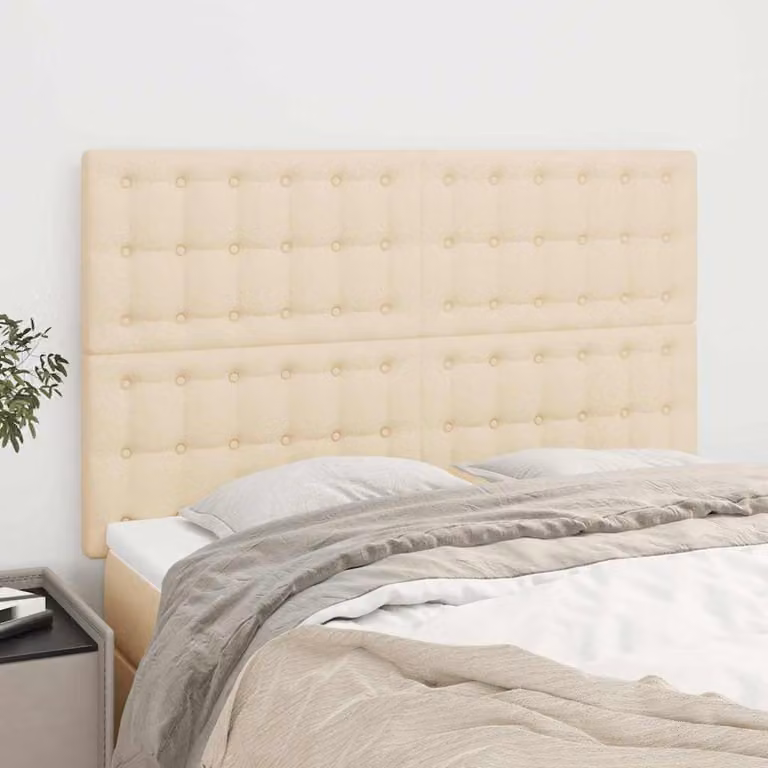 Testiera per letto vidaXL in tessuto beige con struttura in legno e MDF, L: 144 cm, P: 5 cm, H: 118/128 cm