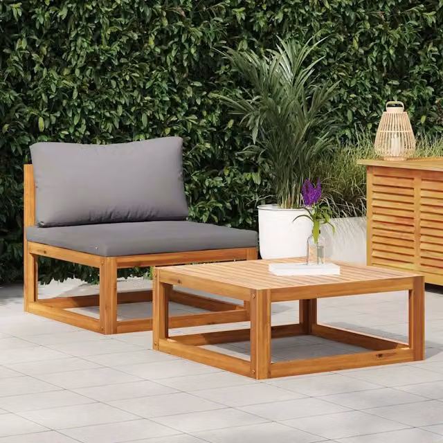 Set Salotto da Giardino Moderno in Legno di Acacia con Divani a 2 Posti e Tavolino, Cuscini Grigi Inclusi
