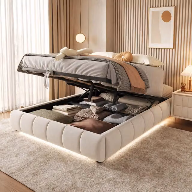 Letto contenitore Mivray bianco con sollevamento idraulico, illuminazione LED sottostante e rete a 12 doghe beige, senza testiera, L/P/H: 140 x 200 cm