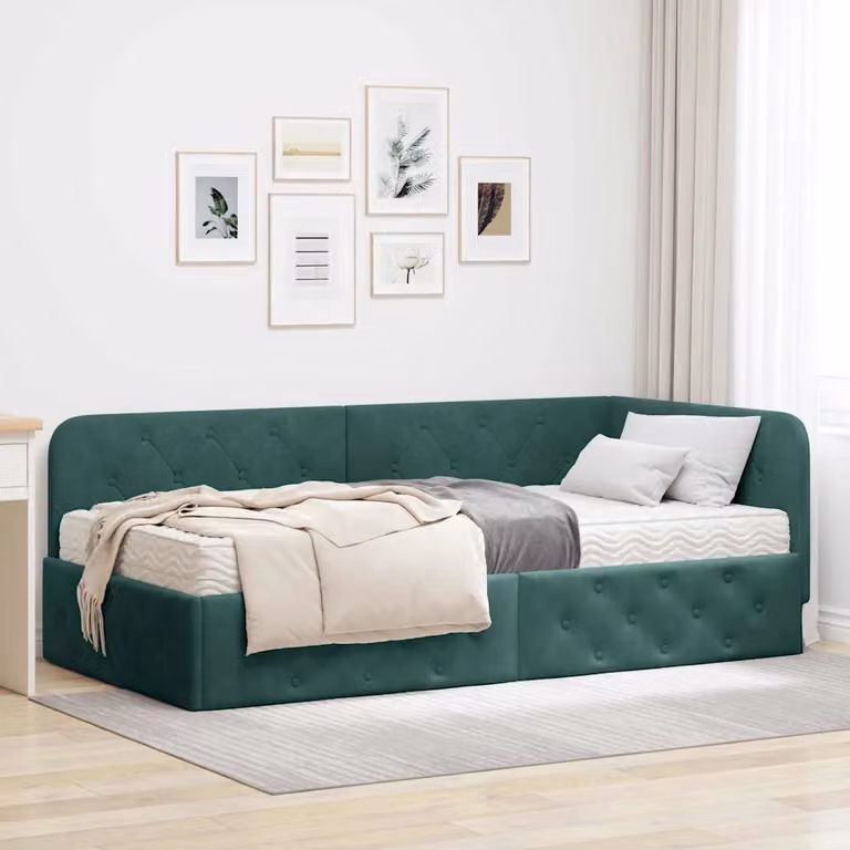 vidaXL Cornice del letto ad angolo asimmetrica in velluto verde, L/P/H: 204 x 140 x 72 cm