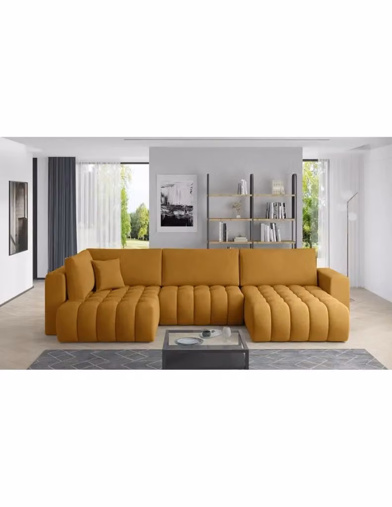 Divano ad angolo convertibile BONITA MEUBLORAMA da 6 posti, colore giallo arancione, lato destro, con funzione letto e poggiatesta regolabile, L 350 cm x P 175 cm – 2