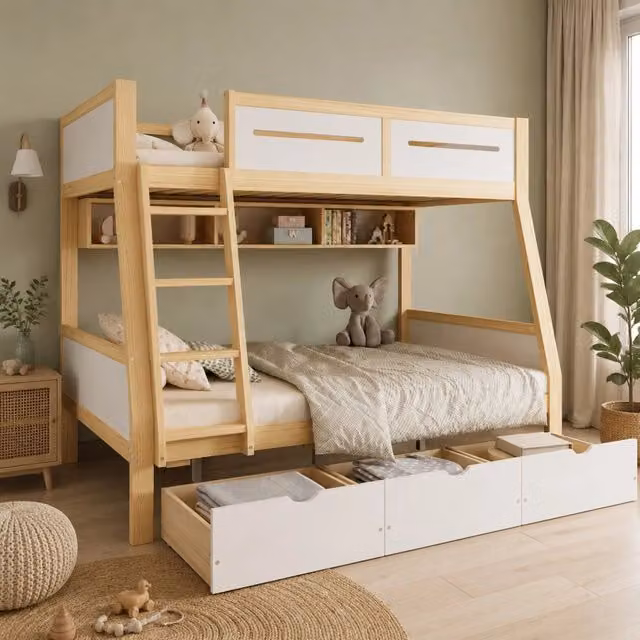 Letto a castello ULEVR 90x200 e 120x200 cm, 3 cassetti con ruote, port libri da 2 m, bianco e naturale