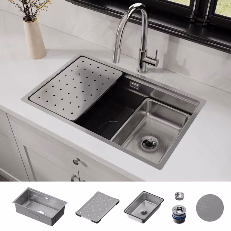 Lavello da cucina HOROW 70×45 cm, lavello da incasso in acciaio inossidabile, lavello da cucina con sgocciolatoio, vasca interna di ricambio e sifone