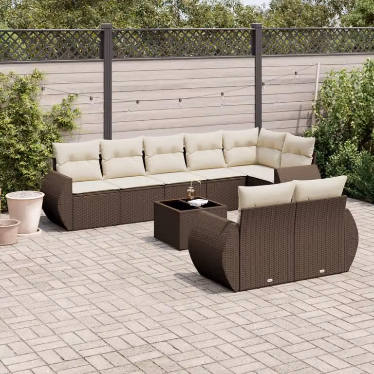 Set di divani da giardino vidaXL a forma di L composto da 9 pezzi con cuscini marroni e bianchi in polyrattan e tessuto resistente ai raggi UV