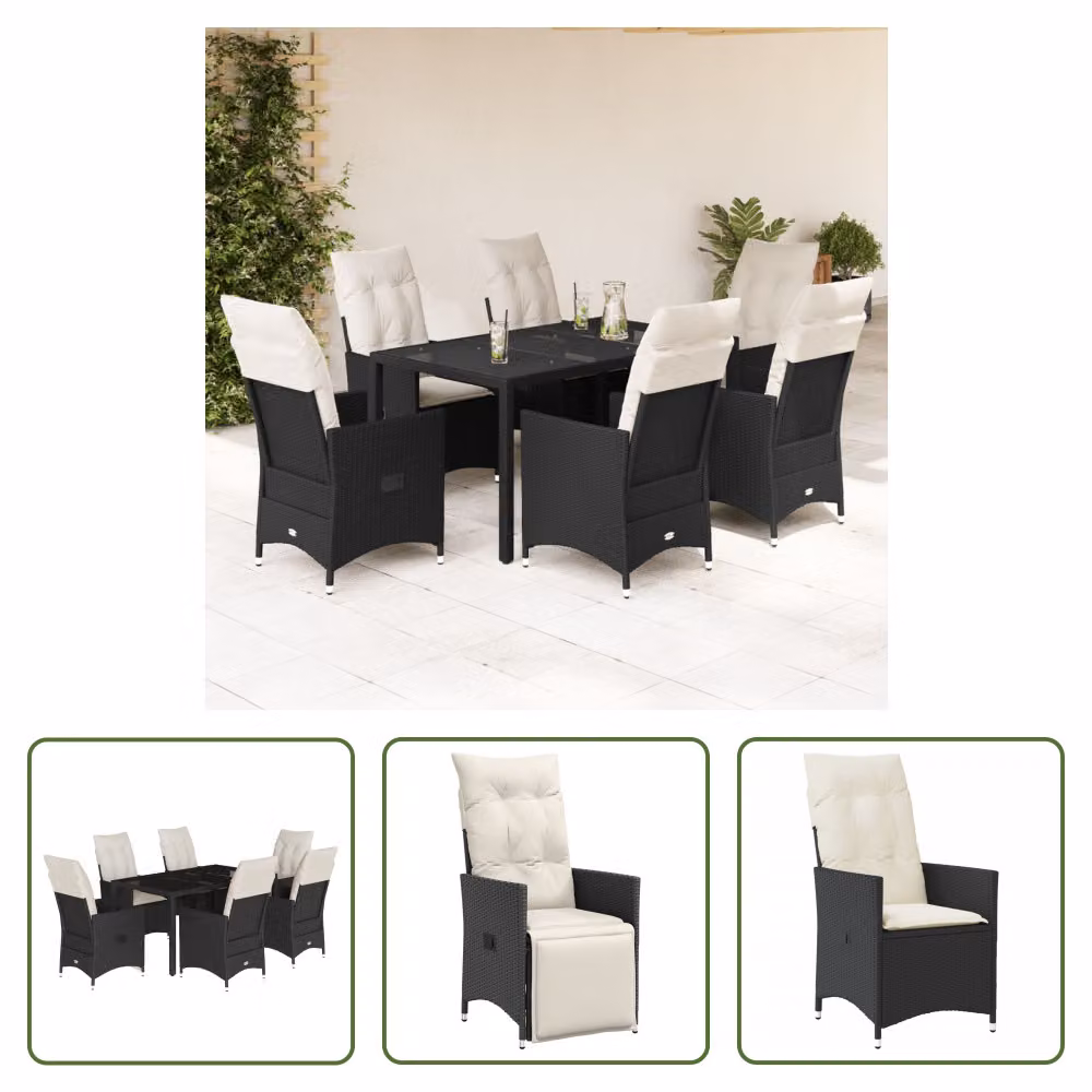 The Living Store Set da pranzo da giardino 7 pezzi con cuscini in polirattan nero