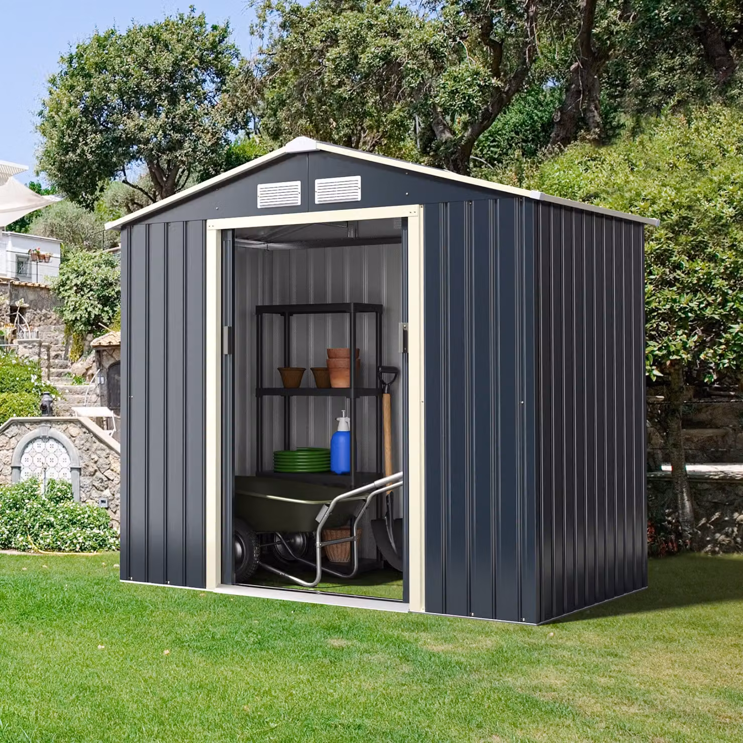 Costway Capanno degli attrezzi in metallo con kit di estensione, Casetta da giardino antracite con tetto a capanna
