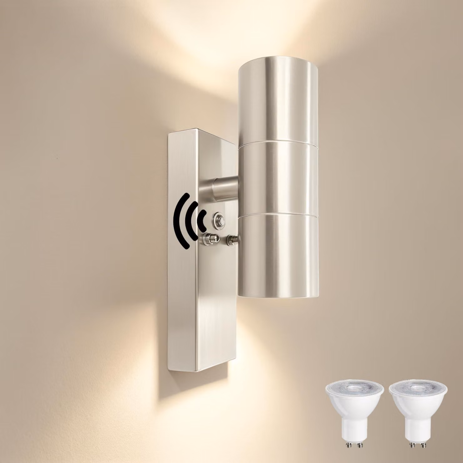 Lampada da esterno in acciaio inossidabile con sensore di luminosità, grado di protezione IP54, 2 x attacco GU10, 5W, 3000K